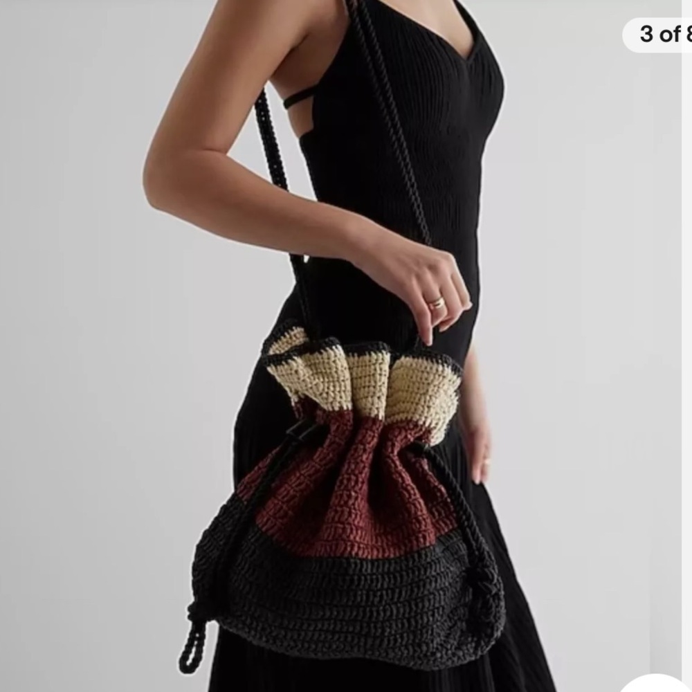 New EXPRESS Drawstring Crossbody Bucket Bag; Tri-Color Woven Straw/Braid Straps